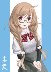 Rule 34 | 1girl, black bra, blue background, blush, bow, bowtie, bra, braid, breasts, cloud hair ornament, glasses, gradient hair, green-framed eyewear, grey skirt, highres, kantai collection, light brown hair, long hair, looking at viewer, low twin braids, minegumo (kancolle), multicolored hair, open mouth, plaid, plaid bow, plaid bowtie, plaid neckwear, pleated skirt, red bow, red bowtie, red eyes, school uniform, see-through, semi-rimless eyewear, shirt, short sleeves, skirt, solo, suspender skirt, suspenders, t2r, twin braids, two-tone background, under-rim eyewear, underwear, white background, white shirt