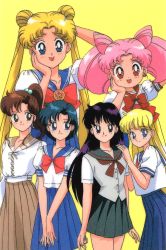 Rule 34 | 1990s (style), 6+girls, aino minako, arm behind head, arm up, bishoujo senshi sailor moon, black eyes, black hair, blonde hair, blouse, blue eyes, blue hair, blue skirt, bow, brown hair, brown skirt, chibi usa, double bun, feet out of frame, female focus, green eyes, grey shirt, hair bobbles, hair bun, hair ornament, hand on another&#039;s shoulder, hand on own chin, high ponytail, hino rei, imitating, kino makoto, long hair, long skirt, looking at viewer, miniskirt, mizuno ami, multiple girls, official art, pink hair, pleated skirt, red eyes, retro artstyle, scan, school uniform, shirt, short hair, short sleeves, simple background, skirt, smile, tadano kazuko, toei animation, tongue, tongue out, tsukino usagi, twintails, upper body, v arms, white shirt, yellow background