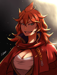Rule 34 | 1girl, 9bank thedg, :d, black clover, blue eyes, breasts, cape, cleavage, eyeshadow, fang, highres, large breasts, makeup, mereoleona vermillion, messy hair, open mouth, red cape, red hair, shirt, short eyebrows, signature, smile, solo, tassel, white shirt