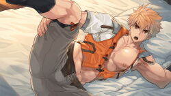 Rule 34 | 1boy, bara, bed, blonde hair, character request, crave saga, grey pants, kivo some 18 (voice actor), large pectorals, male focus, muscular, muscular male, navel, nipples, official art, on bed, orange vest, pants, pectorals, short hair, solo, spread legs, vest
