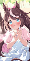 Rule 34 | 1girl, absurdres, animal ears, blue eyes, blue nails, blurry, blurry foreground, blush, bow, brown hair, closed mouth, commentary request, day, depth of field, dress, hair bow, hands up, highres, horse ears, horse girl, horse tail, light particles, long hair, looking at viewer, multicolored hair, nail polish, outdoors, own hands together, pink bow, pink sleeves, ponytail, saboten mushi, short sleeves, solo, standing, streaked hair, sweatdrop, tail, tokai teio (umamusume), tree, umamusume, very long hair, white bow, white dress, white hair