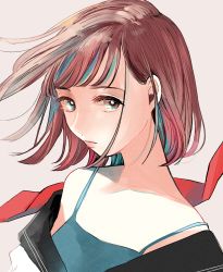 Rule 34 | 1girl, absurdres, aqua camisole, black jacket, bob cut, brown background, brown hair, camisole, highres, jacket, looking at viewer, off shoulder, original, parted lips, red ribbon, ribbon, richard-kun, shadow, short hair, simple background, solo, upper body