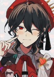 Rule 34 | 1boy, black hair, blush, closed mouth, collared shirt, ensemble stars!, hat, heart, highres, long sleeves, looking at viewer, male focus, neck ribbon, one eye closed, red eyes, red hat, red nails, red ribbon, ribbon, sakuma rei (ensemble stars!), shirt, short hair, smile, solo, white background, white shirt, yukimi bon