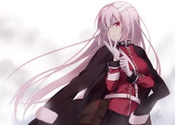 Rule 34 | 1girl, adjusting clothes, adjusting gloves, bag, bandage over one eye, belt, black skirt, blush, breasts, fate/grand order, fate (series), florence nightingale (fate), florence nightingale (third ascension) (fate), gloves, jacket, jacket on shoulders, large breasts, long hair, long sleeves, looking at viewer, military, military uniform, motomiya mitsuki, parted lips, red eyes, silver hair, simple background, skirt, solo, uniform, upper body, very long hair, white gloves