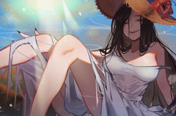 Rule 34 | 1girl, bare shoulders, beach, black eyes, black hair, breasts, commentary request, dress, fingernails, flower, hair between eyes, hasshaku-sama, hat, hat flower, long fingernails, long hair, looking at viewer, march ab, medium breasts, ocean, open mouth, original, sitting, smile, solo, sun hat, sundress, sunlight, traditional youkai