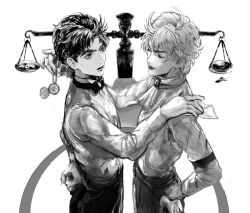 Rule 34 | 243 (jel), 2boys, aged down, arms behind back, ascot, black hair, bow, bowtie, dio brando, greyscale, hand on own hip, jojo no kimyou na bouken, jonathan joestar, letter, monochrome, multiple boys, pocket watch, scales, short hair, simple background, symmetry, watch, weighing scale, white background