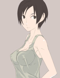 Rule 34 | 1girl, breasts, cleavage, covered erect nipples, female focus, ghost-q, short hair, simple background, solo