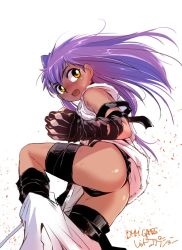 Rule 34 | 1girl, ass, black panties, character request, clenched hand, commentary request, dark-skinned female, dark skin, ez6, hand wraps, leg wrap, long hair, panties, purple hair, simple background, solo, sweatdrop, tan, tomboy, underwear, white background, yellow eyes