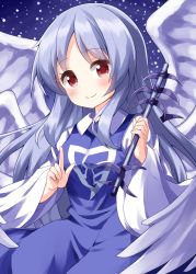 Rule 34 | 1girl, angel, blue dress, blue hair, blush, breasts, collared shirt, commentary, dress, eyebrows, eyelashes, highres, light blue hair, long hair, long sleeves, multiple wings, one-hour drawing challenge, pointing, red eyes, ruu (tksymkw), sariel (touhou), shirt, small breasts, smile, touhou, touhou (pc-98), upper body, very long hair, wand, white shirt, wide sleeves, wings