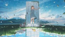 Rule 34 | 1girl, absurdres, aky ami, aqua shirt, aqua skirt, arms behind back, blue sky, braid, brick wall, brown hair, cat, chair, closed eyes, cloud, day, door, facing viewer, full body, grass, highres, iwato suzume, leaf, loafers, long hair, long sleeves, mountain, munakata souta, neck ribbon, no reflection, ocean, open mouth, outdoors, puddle, red ribbon, ribbon, scenery, shirt, shoes, skirt, sky, socks, solo, standing, suzume no tojimari, twin braids, white socks