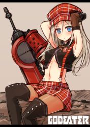 Rule 34 | 10s, 1girl, alisa ilinichina amiella, bare shoulders, black footwear, black pantyhose, blue eyes, boots, breasts, elbow gloves, fingerless gloves, gloves, god eater, huge weapon, ico (green bullet), large breasts, long hair, looking at viewer, md5 mismatch, navel, pantyhose, resized, simple background, skirt, solo, suspender skirt, suspenders, sword, thigh boots, thighhighs, underboob, weapon, white hair
