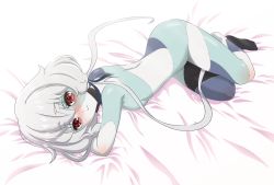 Rule 34 | 1girl, aqua skin, bed sheet, blue skin, breasts, closed mouth, colored skin, full body, hair between eyes, highres, konno junko, long hair, looking at viewer, low twintails, lying, multicolored skin, murayama hope inu, nude, patchwork skin, red eyes, silver hair, small breasts, smile, solo, stitches, twintails, very long hair, white skin, zombie, zombie land saga