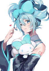 Rule 34 | 1girl, aqua bow, aqua eyes, aqua hair, aqua nails, blush, bow, cinnamiku, cinnamoroll, commentary request, creature, detached sleeves, hair bow, hatsune miku, heart, highres, holding, holding creature, looking at viewer, nail polish, parted lips, picoli1313, sanrio, shirt, simple background, sleeveless, sleeveless shirt, solo, tied ears, updo, upper body, vocaloid, white background, wide sleeves