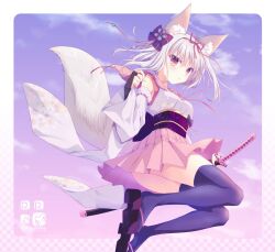 Rule 34 | 1girl, animal ear fluff, animal ears, back bow, black bow, black gloves, black thighhighs, border, bow, commentary, day, detached sleeves, floating hair, foot out of frame, fox ears, fox girl, fox tail, gloves, hair between eyes, hair bow, hair ribbon, hand up, highres, holding, holding sword, holding weapon, katana, knees up, kokonobi, legs, light blush, long sleeves, looking at viewer, medium hair, midair, nanao naru, nontraditional miko, original, outdoors, parted lips, partially fingerless gloves, pink skirt, pleated skirt, purple sash, red eyes, red ribbon, ribbon, rounded corners, sash, shirt, skirt, sleeveless, sleeveless shirt, solo, sword, tail, thighhighs, thighs, weapon, white border, white hair, white shirt, white sleeves, wide sleeves, zettai ryouiki