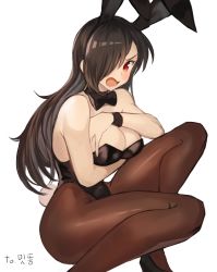 Rule 34 | 1girl, absurdres, animal ears, black footwear, black hair, black leotard, blush, bow, bowtie, bracelet, breasts, rabbit ears, rabbit tail, commentary request, covering privates, covering breasts, fake animal ears, frown, hair over one eye, highres, jewelry, korean commentary, large breasts, leotard, long hair, looking at viewer, open mouth, pantyhose, playboy bunny, red eyes, simple background, solo, sookmo, tail, white background
