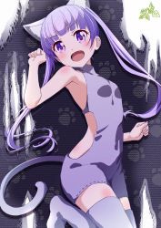 Rule 34 | 1girl, :d, animal ears, armpits, artist name, blunt bangs, breasts, cat ears, cat tail, clothing cutout, commentary, dress, fang, highres, kemonomimi mode, leg up, long hair, looking at viewer, makicha (sasurainopink), new game!, open mouth, paw pose, paw print, purple dress, purple eyes, purple hair, purple thighhighs, short dress, side cutout, signature, sleeveless, sleeveless dress, small breasts, smile, solo, standing, suzukaze aoba, tail, thighhighs, twintails