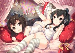 Rule 34 | 10s, 2girls, :3, :d, ass, bad id, bad pixiv id, bed, black hair, breasts, brown eyes, brown hair, butt crack, camisole, canopy bed, chemise, child, chou-10cm-hou-chan, collarbone, grey eyes, hand on own stomach, headgear, hugging object, kantai collection, legs up, looking at viewer, lying, multiple girls, navel, nunucco, o o, on back, on stomach, open mouth, panties, pillow, pillow hug, rensouhou-chan, rensouhou-kun, side-tie panties, small breasts, smile, striped clothes, striped legwear, striped thighhighs, thighhighs, tokitsukaze (kancolle), underwear, white panties, yukikaze (kancolle), | |