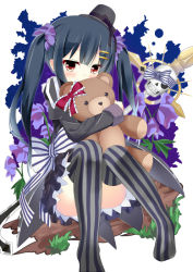 Rule 34 | 1girl, black hair, black hat, black skirt, blush, bow, flower knight girl, frilled bow, frills, full body, hair bow, hair ornament, hairclip, hat, hugging doll, hugging object, long hair, looking at viewer, mini hat, purple bow, red bow, red eyes, sitting, skirt, skull, solo, staff, striped bow, striped clothes, striped thighhighs, stuffed animal, stuffed toy, teddy bear, thighhighs, torikabuto (flower knight girl), twintails, umi suzume, vertical-striped clothes, vertical-striped thighhighs