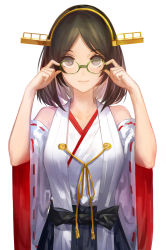 Rule 34 | 10s, 1girl, adjusting eyewear, bare shoulders, black eyes, black hair, blue eyes, breasts, collarbone, detached sleeves, glasses, green-framed eyewear, grey eyes, hairband, headgear, highres, japanese clothes, kantai collection, kincora, kirishima (kancolle), light smile, looking at viewer, medium breasts, nontraditional miko, parted bangs, ribbon-trimmed sleeves, ribbon trim, short hair, simple background, smile, solo, upper body, white background, wide sleeves