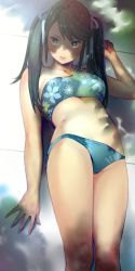Rule 34 | 1girl, against wall, bikini, black eyes, black hair, blue bikini, breasts, dappled sunlight, drill hair, feet out of frame, floral print, hair ribbon, highres, isuzu (kancolle), kantai collection, large breasts, lips, long hair, looking at viewer, ribbon, solo, standing, sunlight, swimsuit, twin drills, twintails, uyama hajime, white ribbon