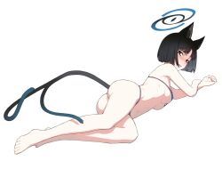 Rule 34 | 1girl, animal ears, armpit crease, artpatient, ass, bakeneko, bare arms, bare legs, bikini, black eyes, black hair, blue archive, bob cut, breasts, bright pupils, cat ears, cat girl, disgust, feet, forked tail, from behind, full body, halo, kikyou (blue archive), looking at viewer, lying, medium breasts, micro bikini, navel, on side, ribs, shaded face, short hair, simple background, solo, stomach, swimsuit, tail, thighs, toes, underboob, white background, white pupils