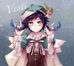 Rule 34 | 1boy, absurdres, amahara nue, black hair, blue hair, bow, braid, cape, closed mouth, flower, frilled sleeves, frills, gem, genshin impact, gradient hair, green eyes, green hat, grey background, hair between eyes, hand in own hair, hat, hat flower, highres, holding, holding own hair, jewelry, leaf, long sleeves, looking at viewer, m/, male focus, multicolored hair, simple background, smile, solo, trap, twin braids, venti (genshin impact), white flower