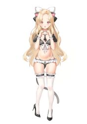 Rule 34 | 1girl, absurdres, animal ears, bikini, black bikini, black choker, black footwear, black shirt, blonde hair, bow, cat ears, cat girl, cat tail, choker, commission, crop top, frilled bikini, frilled shirt, frilled thighhighs, frills, front-tie top, full body, hair bow, hands up, high heels, highleg, highleg bikini, highres, keibeam, long hair, looking at viewer, navel, neck ribbon, original, parted bangs, red eyes, ribbon, shirt, short sleeves, simple background, skindentation, smile, solo, standing, stomach, string bikini, swimsuit, tail, thighhighs, thighs, tongue, tongue out, very long hair, white background, white thighhighs, wrist cuffs