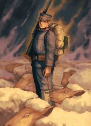 Rule 34 | 1boy, abstract background, arm at side, backpack, bag, belt pouch, black eyes, black hair, blue background, blue headwear, blue jacket, blue pants, closed mouth, commentary, facial mark, flock, from side, golden kamuy, gun, head tilt, highres, holding, holding gun, holding weapon, jacket, long sleeves, male focus, military uniform, osakanaman 7, outline, over shoulder, pants, pouch, rifle, sheep, short hair, smile, solo, standing, stick figure, uniform, usami tokishige, very short hair, weapon, weapon over shoulder