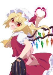 Rule 34 | 1girl, apple, ascot, back bow, baseball glove, blonde hair, bow, commentary request, cowboy shot, crystal, fang, flandre scarlet, food, frilled shirt collar, frilled skirt, frilled sleeves, frills, from side, fruit, hair between eyes, hat, hat ribbon, head tilt, highres, holding, holding food, holding fruit, looking at viewer, mob cap, multicolored wings, open mouth, pink bow, puffy short sleeves, puffy sleeves, red eyes, red ribbon, red skirt, red vest, ribbon, shirt, short sleeves, simple background, skirt, skirt set, solo, sugiyama ichirou, touhou, v-shaped eyebrows, vest, white background, white hat, white shirt, wings, yellow ascot