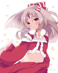 Rule 34 | 1girl, blush, brown hair, christmas, closed mouth, commentary request, crop top, fur-trimmed sleeves, fur trim, fuuna, hachimaki, hair between eyes, headband, kantai collection, long hair, long sleeves, navel, parted bangs, ponytail, red eyes, sleeves past fingers, sleeves past wrists, smile, solo, twitter username, white background, zuihou (kancolle)