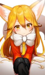 Rule 34 | 10s, 1girl, animal ears, bad id, bad twitter id, blush, bow, bowtie, coat, commentary, ezo red fox (kemono friends), fox ears, fox tail, fur trim, gloves, kemono friends, long hair, long sleeves, lying, necktie, on stomach, orange hair, pluieami, solo, symbol-only commentary, tail, yellow eyes