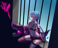 Rule 34 | bare shoulders, bikini, bikini top only, blue hair, braid, breasts, fingerless gloves, gloves, highres, jewelry, jinx (league of legends), league of legends, lipstick, long hair, makeup, necklace, pink eyes, small breasts, swimsuit, tattoo, twin braids, weapon