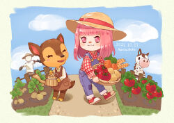 Rule 34 | 1boy, 2girls, :3, :d, ^ ^, animal crossing, apron, artist name, basket, blue overalls, blue pants, blue sky, blunt bangs, blush, blush stickers, border, brown apron, brown headwear, carrot, closed eyes, closed mouth, cloud, collared shirt, commentary, dated, day, deer girl, english commentary, fauna (animal crossing), fence, furry, furry female, furry male, garden, grass, green border, hat, hime cut, holding, holding basket, holding watering can, horse boy, long hair, long sleeves, matchaneko, multiple girls, nintendo, open mouth, outdoors, overalls, pants, papi (animal crossing), path, pink eyes, pink hair, plant, potato, red footwear, red shirt, road, scarecrow, shirt, shoes, sidelocks, sky, smile, standing, straw hat, tomato, tomato plant, villager (animal crossing), watering can, wheat, white shirt, wing collar, wooden fence