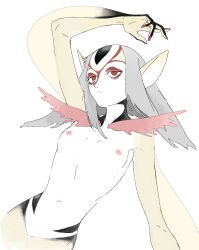 Rule 34 | 1girl, ao no roku-gou, arm up, black skin, breasts, closed mouth, colored skin, facial mark, forehead mark, grey hair, highres, kawatiw, long hair, monster girl, multicolored skin, mutio, nipples, nude, red eyes, simple background, small breasts, solo, white background, white skin, yellow skin