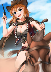 Rule 34 | 1girl, blue eyes, blush, breasts, brown hair, charlotte e. yeager, cleavage, cloud, cloudy sky, cowboy hat, cowboy western, day, gun, hat, highres, hiroshi (hunter-of-kct), horse, large breasts, looking at viewer, midriff, navel, open mouth, poncho, riding, shiny clothes, shiny skin, short shorts, shorts, sky, smile, solo, strike witches, teeth, tongue, weapon, world witches series