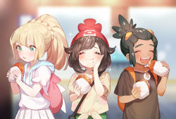 Rule 34 | 1boy, 2girls, backpack, bag, black hair, black shirt, blurry, blurry background, blush, braid, closed eyes, collarbone, creatures (company), dark-skinned male, dark skin, dual wielding, eating, floral print, food, food on face, foodgasm, french braid, game freak, green eyes, green shorts, hair ornament, hand on own face, hand up, happy, hau (pokemon), highres, holding, indoors, lillie (pokemon), looking down, malasada, multiple girls, nintendo, open mouth, pleated skirt, pokemon, pokemon sm, ponytail, selene (pokemon), shirt, short sleeves, shorts, skirt, smile, sparkle, standing, teeth, tied shirt, upper body, wavy mouth, white shirt, white skirt, yellow shirt, zuizi