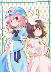 Rule 34 | 2girls, :&lt;, animal, animal ears, animal on head, arm garter, bad id, bad pixiv id, black hair, blush, border, bow, breast rest, breasts, carrot necklace, colored shadow, dress, hands on own hips, hat, holding, holding animal, inaba tewi, japanese clothes, jewelry, kapuchii, kimono, long sleeves, looking at viewer, medium breasts, mob cap, multiple girls, necklace, obi, on head, patterned background, pendant, pink dress, pink hair, puffy short sleeves, puffy sleeves, rabbit, rabbit ears, rabbit tail, red eyes, saigyouji yuyuko, sash, shadow, short hair, short sleeves, sideways glance, sleeves past wrists, small breasts, smile, tail, touhou, triangular headpiece, v-shaped eyebrows, white background