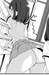 Rule 34 | 2girls, absurdres, arm support, ass, blush, book, bookshelf, chikuwa., clothes lift, commentary request, covered mouth, greyscale, highres, indoors, monochrome, multiple girls, original, out of frame, outstretched arm, panties, pleated skirt, profile, reaching, reaching towards viewer, school uniform, shirt, short sleeves, skirt, skirt lift, solo focus, trembling, underwear, window