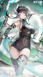 Rule 34 | 1girl, aether gazer, armpits, artist request, bare shoulders, belt, black gloves, black hair, black leotard, black thighhighs, breasts, cleavage cutout, clothing cutout, covered navel, detached sleeves, dual wielding, elbow gloves, gloves, hair ornament, highres, holding, huge weapon, large breasts, leotard, long hair, looking at viewer, multiple belts, official art, partially fingerless gloves, purple eyes, short sleeves, solo, taut leotard, thigh gap, thighhighs, thighs, tonfa, turtleneck, underboob, underboob cutout, weapon, ying zhao (aether gazer)
