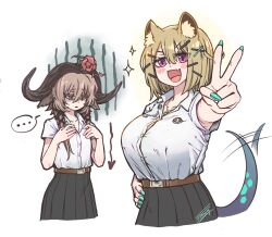 Rule 34 | ..., 2girls, animal ear fluff, aqua nails, arknights, black skirt, blue tail, breast envy, breasts, brown hair, d-flag shelter, fang, hair between eyes, hand on own hip, horns, large breasts, multiple girls, open mouth, pallas (arknights), pleated skirt, purple eyes, school uniform, shirt, short hair, skin fang, skirt, smile, upper body, utage (arknights), v, white background, white shirt