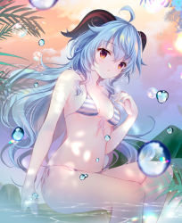 Rule 34 | 1girl, :o, ahoge, bare arms, bare shoulders, bikini, blue hair, blush, breasts, commentary request, feet out of frame, front-tie bikini top, front-tie top, ganyu (genshin impact), genshin impact, hair between eyes, hand up, horns, long hair, looking at viewer, parted lips, red eyes, shirogane hina, side-tie bikini bottom, sitting, small breasts, solo, striped bikini, striped clothes, swimsuit, very long hair, water, water drop