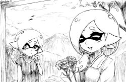 Rule 34 | 2girls, breasts, commentary request, flower, greyscale, highres, inkling, inkling girl, inkling player character, japanese clothes, kimono, marie (splatoon), mask, monochrome, mother and daughter, multiple girls, nintendo, ponytail, takobe, tentacle hair, twitter username