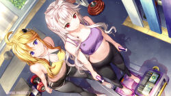Rule 34 | 2girls, bare arms, bare shoulders, barefoot, black pants, blonde hair, bow-shaped hair, breasts, cleavage, cleavage cutout, closed mouth, clothing cutout, commentary request, day, dumbbell, dutch angle, from above, fujima takuya, grey hair, hair between eyes, highres, highspeed etoile, holding, indoors, liu youran, long hair, medium breasts, multiple girls, navel, official art, pants, purple eyes, red eyes, sophia b tokitou, sportswear, standing, very long hair, window