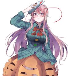 Rule 34 | 1girl, blush, bow, bowtie, breasts, bubble skirt, closed mouth, commentary, fox mask, green shirt, hata no kokoro, highres, kanaria (bocmn), large breasts, long hair, long sleeves, looking at viewer, mask, mask on head, orange skirt, pink eyes, pink hair, plaid, plaid shirt, red bow, red bowtie, shirt, simple background, skirt, solo, touhou, white background
