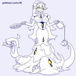 Rule 34 | 1girl, animated, animated gif, apron, bacon, bouncing breasts, breasts, cooking, cup, egg, egg (food), female focus, food, fried egg, frying pan, maid, monster girl, monster girl encyclopedia, rtil, shoggoth (monster girl encyclopedia), slime girl, smile, solo, yellow eyes