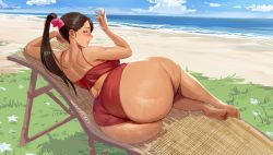 Rule 34 | 1girl, absurdres, ass, bambooale, beach, bikini, blush, breasts, brown eyes, brown hair, cup, curvy, glass, highres, huge ass, large breasts, looking back, lying, open mouth, original, plump, ponytail, red bikini, sand, smile, solo, swimsuit, thick thighs, thighs, wide hips