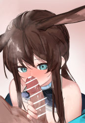 Rule 34 | 1boy, 1girl, absurdres, amiya (arknights), animal ears, ao oni (onioni-aoi), arknights, ascot, bar censor, blue ascot, blue collar, blue eyes, blush, breasts, censored, collar, erection, extra ears, gradient background, hair between eyes, hetero, highres, long hair, looking at viewer, nude, open mouth, penis, penis grab, penis on face, pink background, rabbit ears, sidelocks, small breasts, solo focus