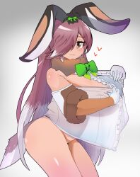 Rule 34 | 1girl, :3, absurdres, animal ears, bare shoulders, bottomless, bow, bowtie, breasts, brown eyes, brown hair, center frills, closed mouth, elbow gloves, european hare (kemono friends), frills, fur-trimmed sleeves, fur collar, fur trim, gloves, grey hair, greyscale, groin, hair over one eye, hands on own chest, hands up, heart, highres, huge breasts, kemono friends, leaning forward, long bangs, long hair, monochrome, multicolored hair, off-shoulder shirt, off shoulder, orb neko, rabbit ears, rabbit girl, rabbit tail, see-through, see-through silhouette, shirt, short sleeves, smile, solo, tail, very long hair