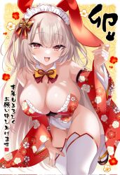 Rule 34 | 1girl, akatsuki (aktk511), animal ears, bow, bowtie, breasts, bustier, chinese zodiac, cleavage, collar, detached collar, detached sleeves, floral print, frills, gluteal fold, grey hair, happy, happy new year, highres, large breasts, leotard, light blush, long hair, long sleeves, looking at viewer, messy hair, new year, open mouth, original, patterned background, petals, playboy bunny, rabbit ears, red bow, red bowtie, red eyes, smile, solo, thighhighs, thighs, very long hair, white thighhighs, wide hips, year of the rabbit, yellow bow, yellow bowtie