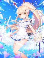 Rule 34 | 1girl, apple caramel, ayanami (azur lane), azur lane, bare shoulders, blonde hair, blue ribbon, blue sky, bouquet, brown eyes, cloud, commentary request, covered navel, day, dress, flower, hair between eyes, headgear, high ponytail, highres, holding, holding bouquet, horizon, long hair, machinery, ocean, outdoors, parted lips, petals, pillar, pleated dress, ponytail, revision, ribbon, rose, see-through, short dress, sky, smile, solo, standing, very long hair, water, white dress, white flower, white rose